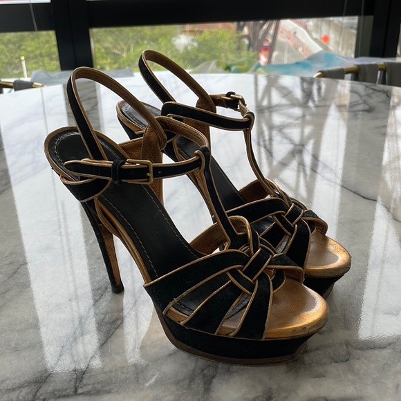 YSL BLACK AND GOLD SUEDE TRIBUTE SANDALS 105 size 39.5 - Picture 1 of 6